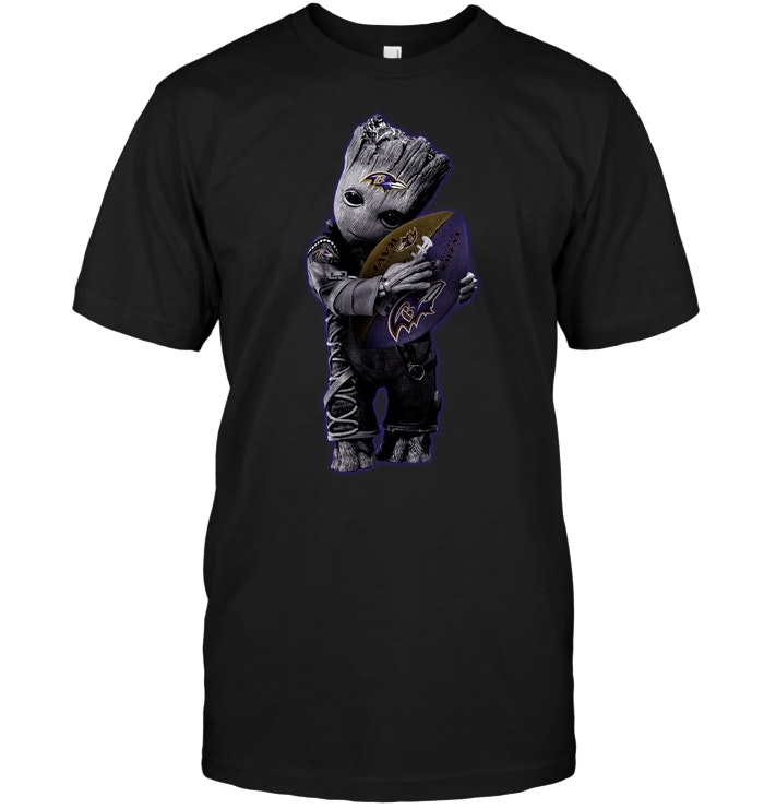Baltimore Ravens "baby Groot Hugs Football" T-Shirt Baltimore Ravens "baby Groot Hugs Football" T-Shirt